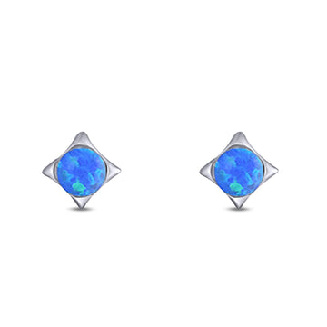 Square Round Created Blue Opal Solid 925 Sterling Silver (4.6mm)